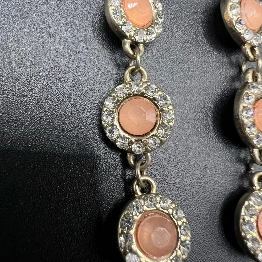 Dangle Gold Tone, Peach and Rhinestone Earrings Formal Statement - Picture 2 of 3